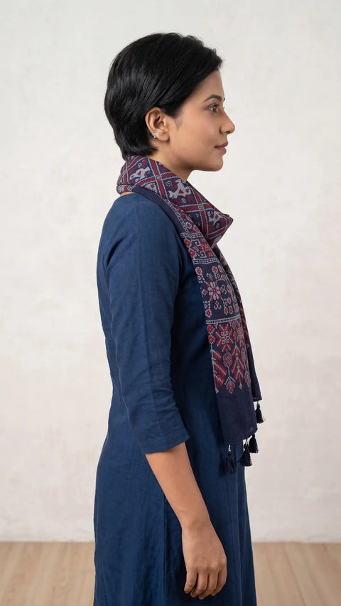 Navy blue Ajrakh cotton stole ISAK16-06C draped — traditional block print with tassel fringe — Indiascarves