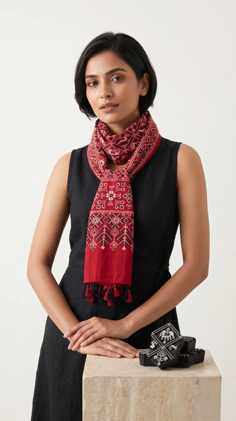 Red Ajrakh printed cotton stole ISAK16-06D — bold red base with navy blue and white geometric motifs — Indiascarves