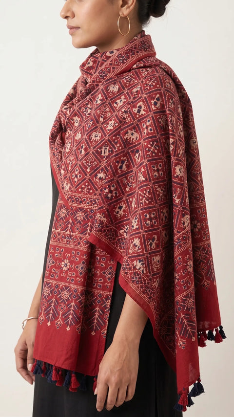 Red Ajrakh printed cotton stole ISAK16-06D — 55x210 cm traditional dupatta with tassel fringe — Indiascarves