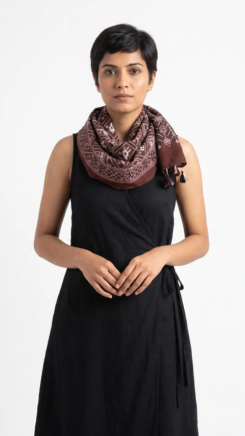 Maroon Ajrakh printed cotton stole ISAK16-06F — deep maroon with cream Kutch geometric motifs and tassels — Indiascarves