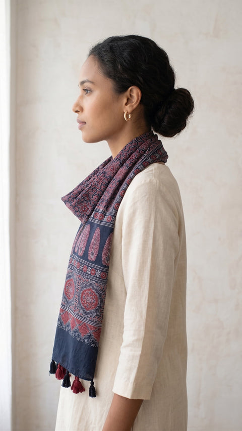 Navy blue Ajrakh printed cotton stole ISAK16-07C — 55x210 cm traditional dupatta with tassel fringe — Indiascarves