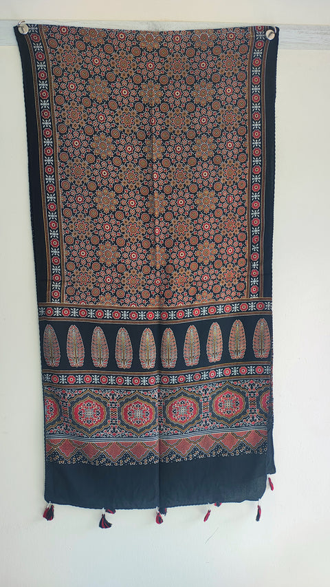 Black Ajrakh cotton stole ISAK16-07D — close-up of multicolour block print motifs — Indiascarves