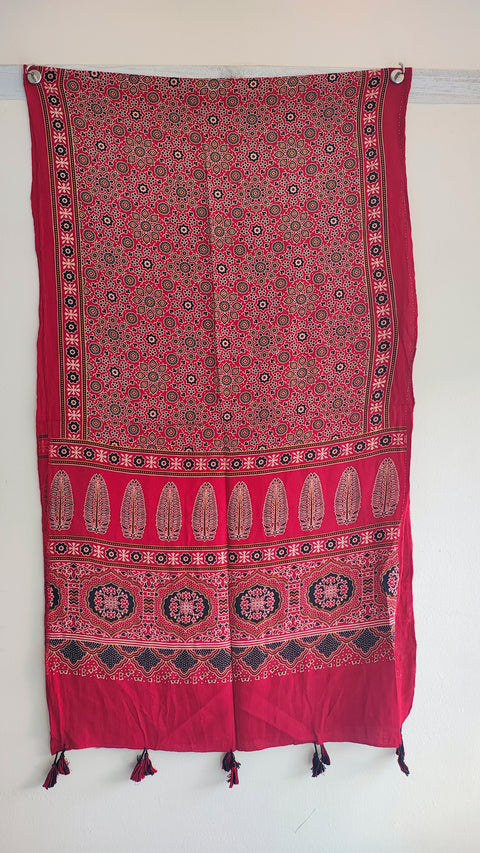 Red Ajrakh cotton stole ISAK16-07F — close-up of bold block print motifs — Indiascarves