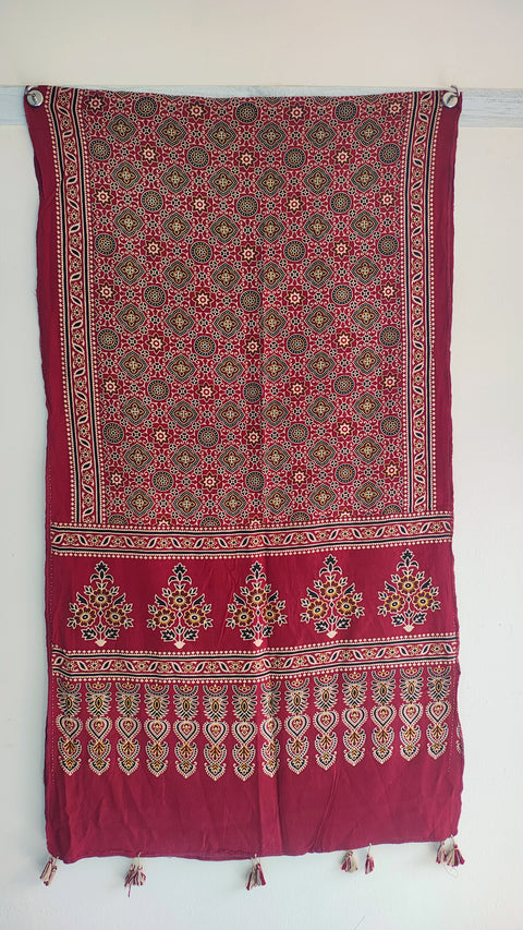 Maroon Ajrakh cotton stole ISAK16-08A — close-up of intricate block print medallion patterns — Indiascarves