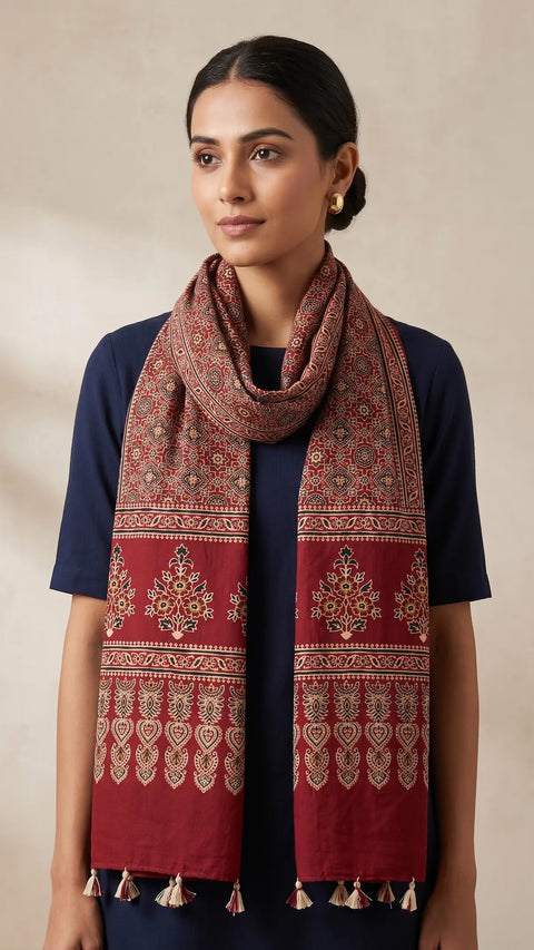 Maroon Ajrakh cotton stole ISAK16-08A worn by model — Kutch hand block print ethnic scarf — Indiascarves