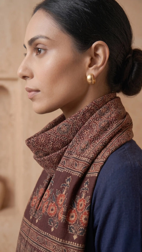 Brown Ajrakh cotton stole ISAK16-08B — close-up of intricate Ajrakh block print patterns — Indiascarves