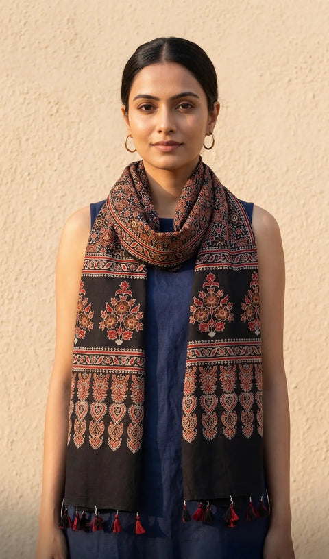 Black Ajrakh printed cotton stole ISAK16-08C — bold black with red orange geometric motifs and tassels — Indiascarves