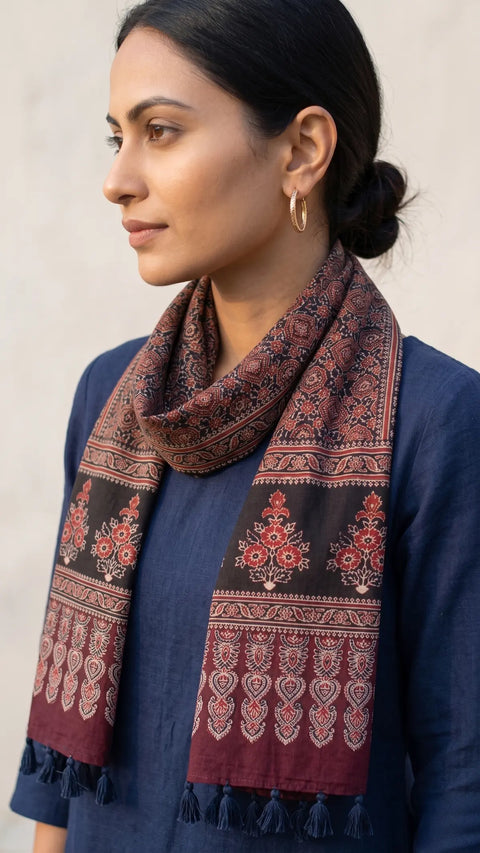 Black Ajrakh printed cotton stole ISAK16-08D — bold black with red maroon geometric motifs and tassels — Indiascarves