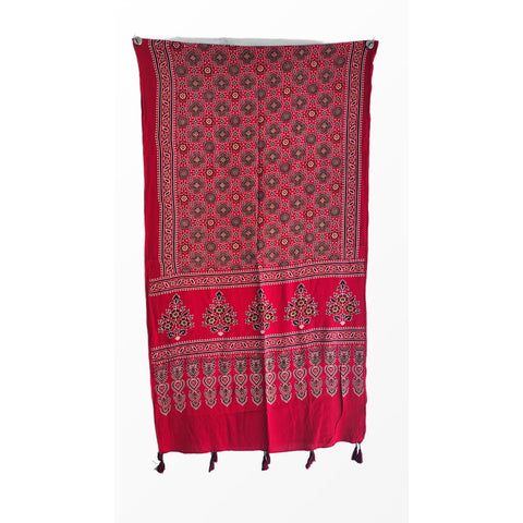 Red Ajrakh printed cotton stole ISAK16-08E draped — traditional Kutch ethnic scarf 55x210 cm — Indiascarves