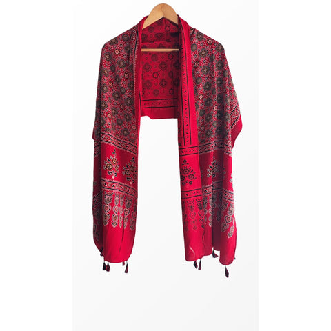 Ajrakh Printed Cotton Stole for Women | Red Ethnic Scarf with Tassels | 55x210 cm | Traditional Indian Dupatta