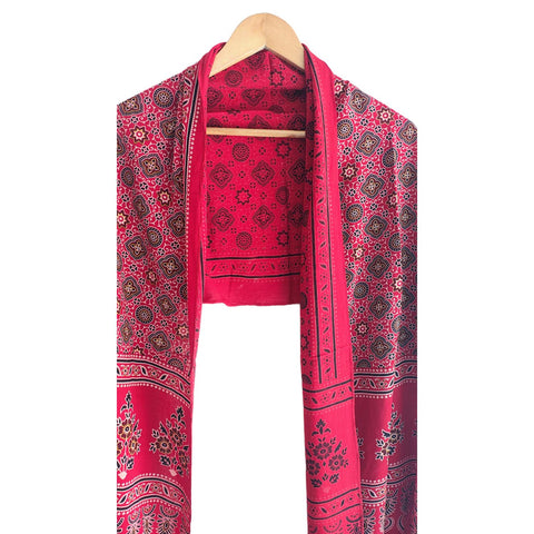 Ajrakh Printed Cotton Stole for Women | Red Ethnic Scarf with Tassels | 55x210 cm | Traditional Indian Dupatta