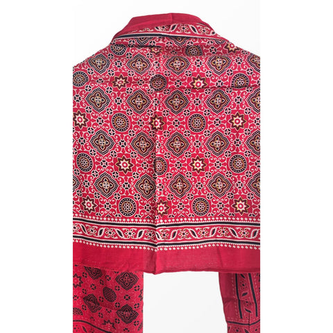 Ajrakh Printed Cotton Stole for Women | Red Ethnic Scarf with Tassels | 55x210 cm | Traditional Indian Dupatta
