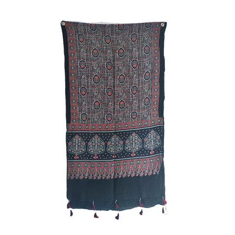 Black Ajrakh cotton stole ISAK16-09A — close-up of geometric block print patterns — Indiascarves