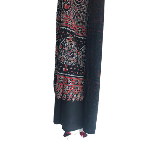 Ajrakh Printed Cotton Stole for Women | Black Ethnic Scarf with Tassels | 55x210 cm | Traditional Indian Dupatta