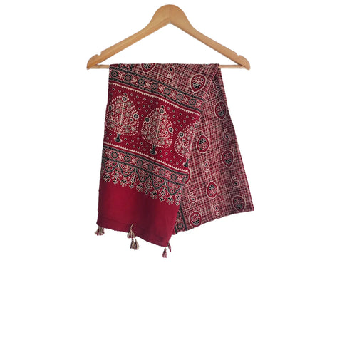 Maroon Ajrakh cotton stole ISAK16-09B — close-up of intricate block print motifs — Indiascarves