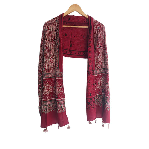 Ajrakh Printed Cotton Stole for Women | Maroon Ethnic Scarf with Tassels | 55x210 cm | Traditional Indian Dupatta