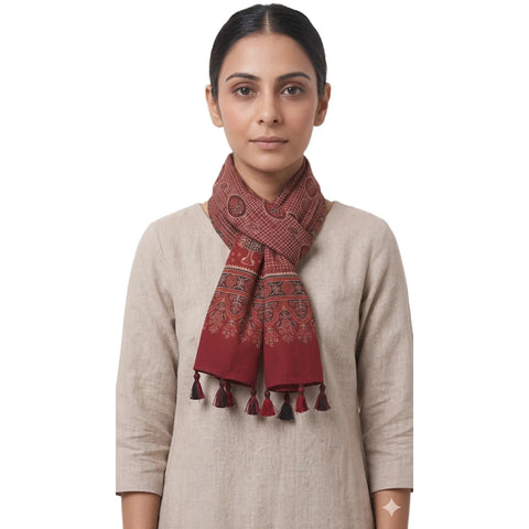 Maroon Ajrakh printed cotton stole ISAK16-09B — 55x210 cm traditional Indian dupatta with tassels — Indiascarves