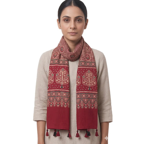 Maroon Ajrakh printed cotton stole ISAK16-09B — rich maroon with cream navy blue geometric motifs and tassels — Indiascarves