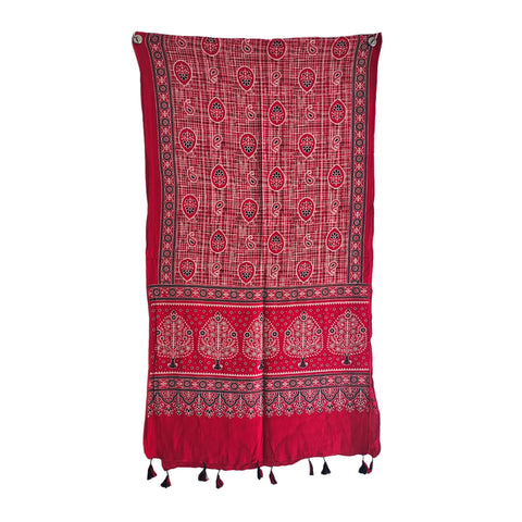 Red Ajrakh cotton stole ISAK16-09E — close-up of geometric block print motifs — Indiascarves