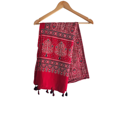 Ajrakh Printed Cotton Stole for Women | Red Ethnic Scarf with Tassels | 55x210 cm | Traditional Indian Dupatta