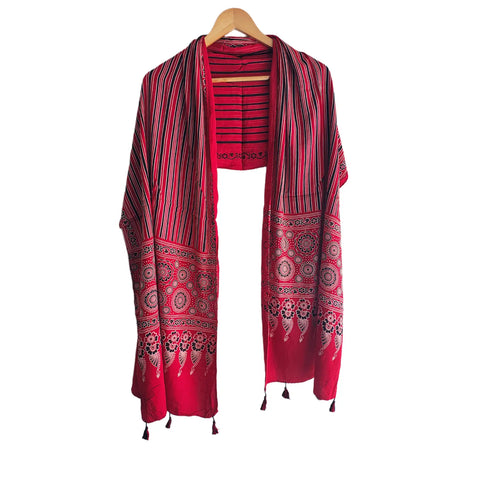Red Ajrakh printed cotton stole ISAK16-10A draped — hand block print ethnic scarf with tassel ends — Indiascarves
