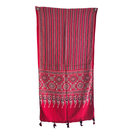Ajrakh Printed Cotton Stole for Women | Red Ethnic Scarf with Tassels | 55x210 cm | Traditional Indian Dupatta