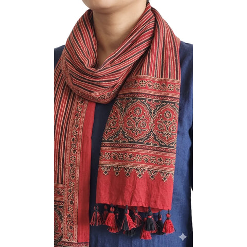Red Ajrakh cotton stole ISAK16-10A worn by model — Kutch hand block print ethnic scarf — Indiascarves