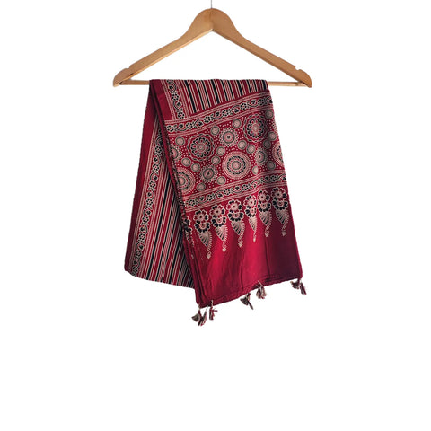Maroon Ajrakh cotton stole ISAK16-10B — close-up of intricate block print patterns — Indiascarves
