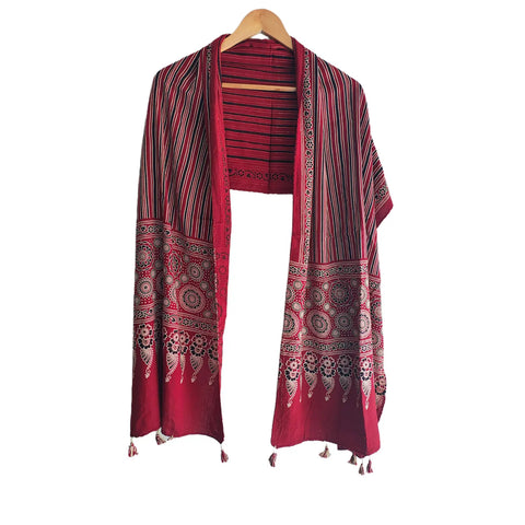 Maroon Ajrakh printed cotton stole ISAK16-10B draped — traditional Kutch ethnic scarf 55x210 cm — Indiascarves
