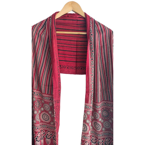 Ajrakh Printed Cotton Stole for Women | Maroon Ethnic Scarf with Tassels | 55x210 cm | Traditional Indian Dupatta