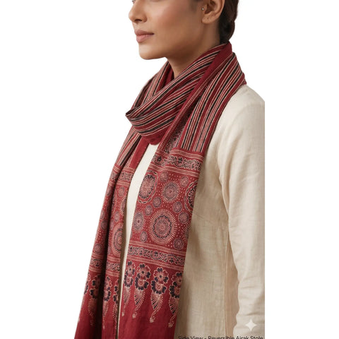 Maroon Ajrakh printed cotton stole ISAK16-10B — 55x210 cm traditional Indian dupatta with tassels — Indiascarves