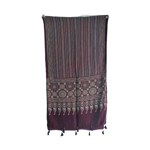 Ajrakh Printed Cotton Stole for Women | Black Ethnic Scarf with Tassels | 55x210 cm | Traditional Indian Dupatta
