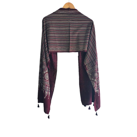Ajrakh Printed Cotton Stole for Women | Black Ethnic Scarf with Tassels | 55x210 cm | Traditional Indian Dupatta