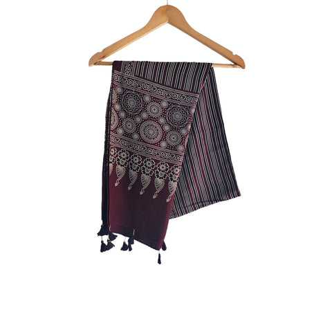 Black Ajrakh printed cotton stole ISAK16-10C — bold black with maroon cream geometric motifs and tassels — Indiascarves