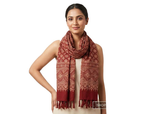 Ajrakh Printed Cotton Stole for Women | Maroon Ethnic Scarf with Tassels | 55x210 cm | Traditional Indian Dupatta