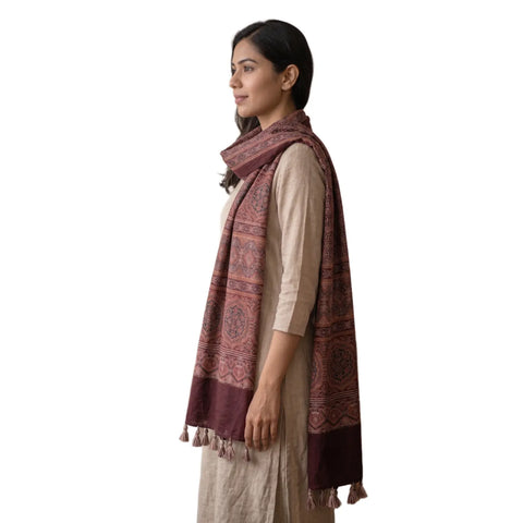 Maroon Ajrakh cotton stole ISAK16-11B — close-up of intricate block print medallion patterns — Indiascarves