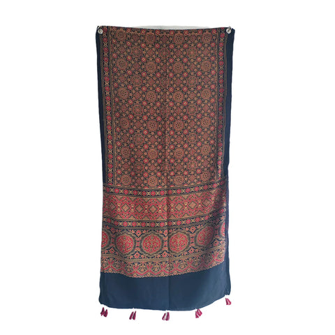 Black Ajrakh cotton stole ISAK16-11C — close-up of vibrant block print motifs — Indiascarves