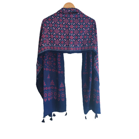 Ajrakh Printed Cotton Stole for Women | Navy Blue Ethnic Scarf with Tassels | 55x210 cm | Traditional Indian Dupatta