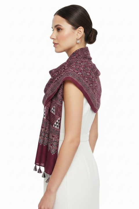 Maroon Ajrakh cotton stole ISAK16-12E worn by model — Kutch hand block print ethnic scarf — Indiascarves