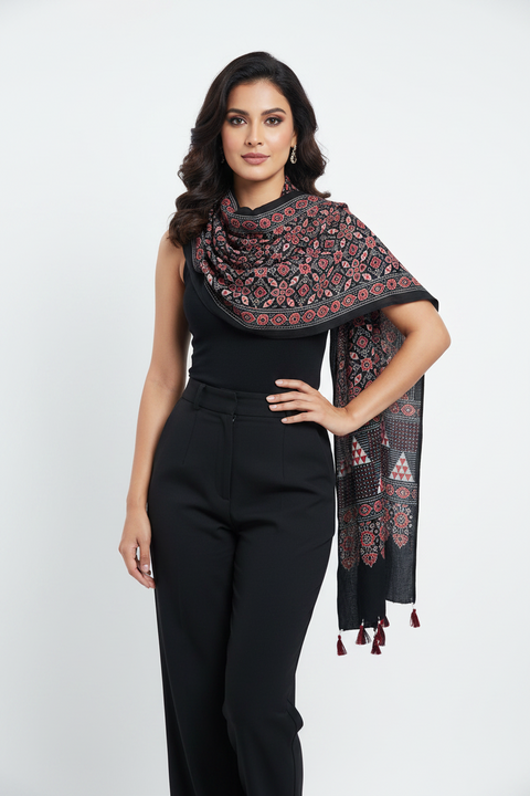 Black Ajrakh printed cotton stole ISAK16-12F — bold black with red maroon geometric motifs and tassels — Indiascarves