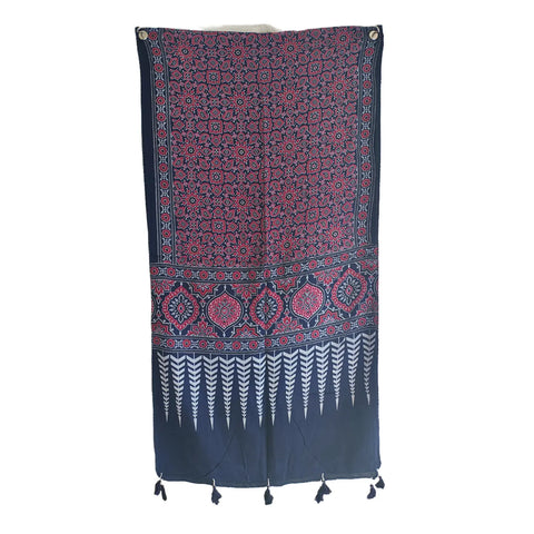 Navy blue Ajrakh cotton stole ISAK16-13B — close-up of traditional Kutch block print patterns — Indiascarves