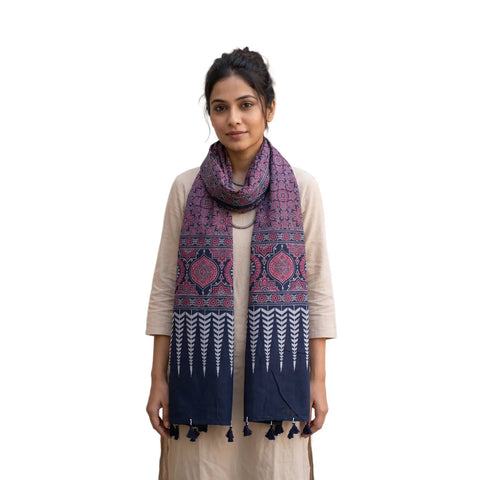 Navy blue Ajrakh printed cotton stole ISAK16-13B — deep indigo with red cream geometric motifs and tassels — Indiascarves
