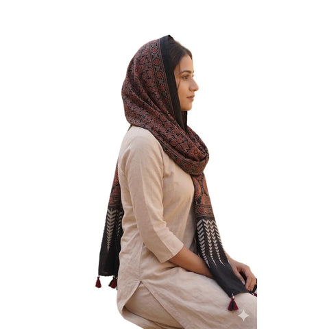 Black Ajrakh cotton stole ISAK16-13D worn by model — Kutch hand block print ethnic scarf — Indiascarves