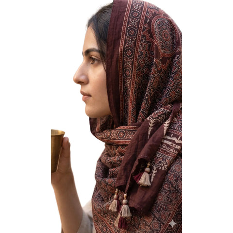 Maroon Ajrakh printed cotton stole ISAK16-13E — 55x210 cm traditional Indian dupatta with tassels — Indiascarves