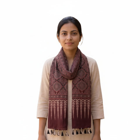 Maroon Ajrakh printed cotton stole ISAK16-13F — 55x210 cm traditional Indian dupatta with tassels — Indiascarves
