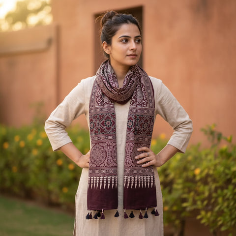 Maroon Ajrakh printed cotton stole ISAK16-14B — luxurious maroon with cream beige geometric patterns and tassels — Indiascarves