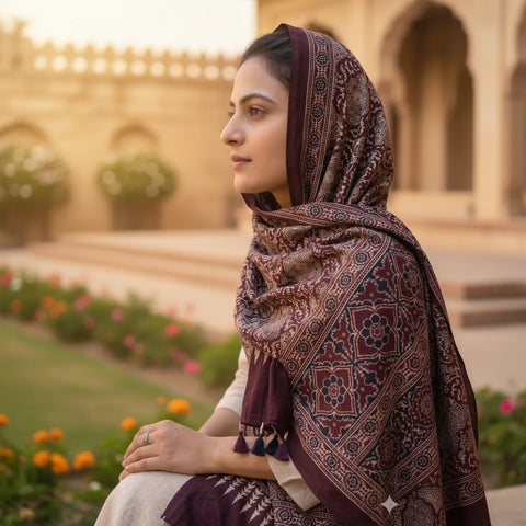 Maroon Ajrakh cotton stole ISAK16-14B worn by model — Kutch hand block print ethnic scarf — Indiascarves
