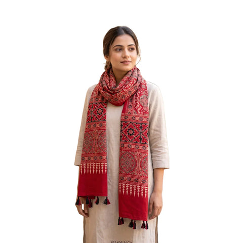 Navy blue Ajrakh cotton stole ISAK16-14C worn by model — Kutch hand block print ethnic scarf — Indiascarves
