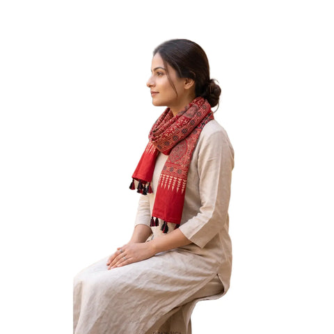 Navy blue Ajrakh printed cotton stole ISAK16-14C — deep indigo with red cream geometric motifs and tassels — Indiascarves