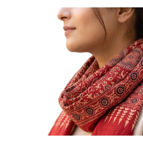 Navy blue Ajrakh printed cotton stole ISAK16-14C — 55x210 cm traditional dupatta with tassel fringe — Indiascarves